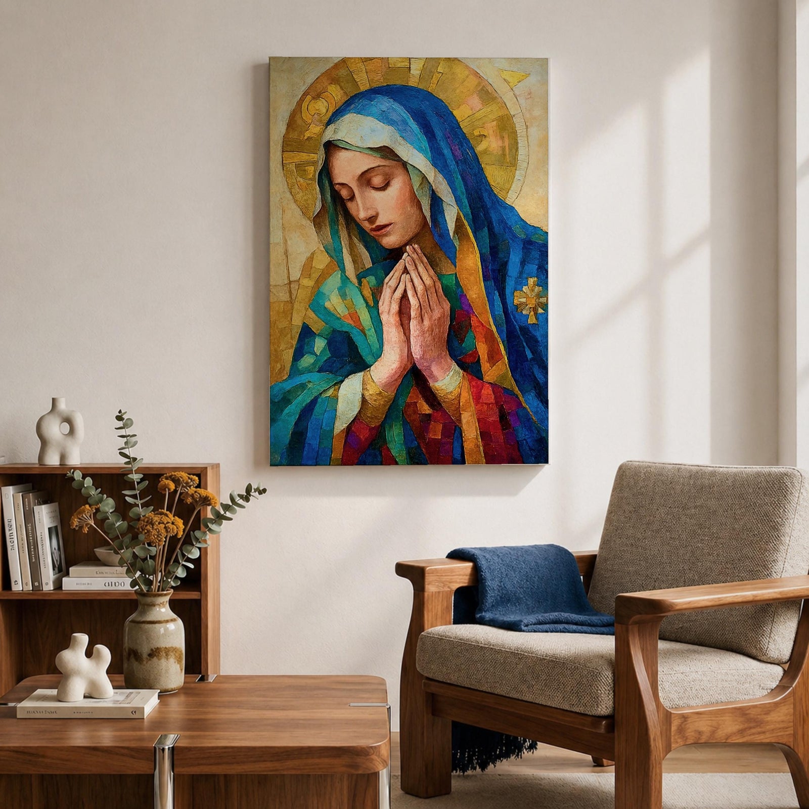 Mosaic style portrait of the Blessed Virgin Mary shown with eyes gently lowered and hands folded in prayer, wearing a blue veil and layered robes while a radiant golden halo composed of geometric tile shapes forms behind her head, rendered in a stained glass inspired composition with textured brushwork and devotional Madonna iconography.