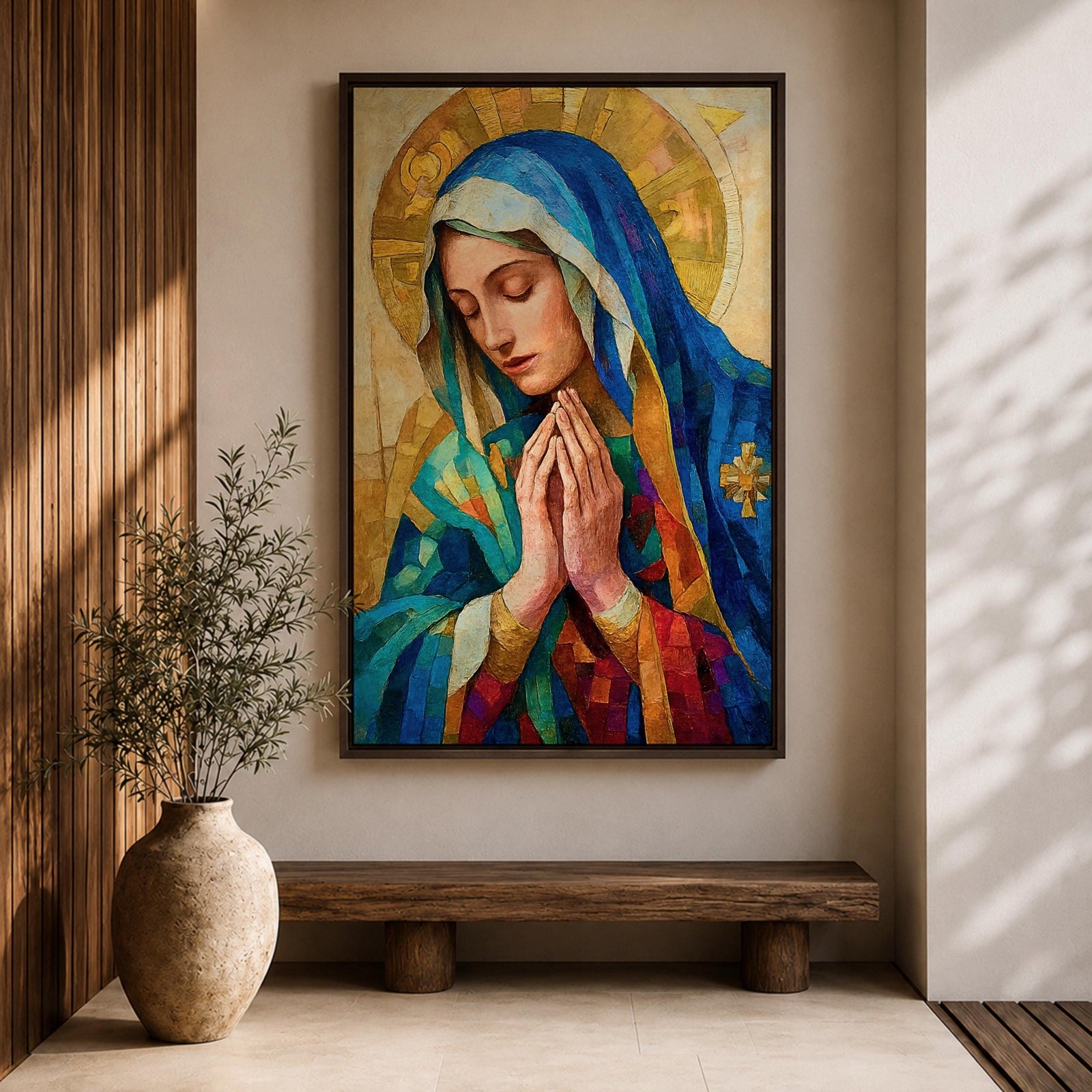 Mosaic style portrait of the Blessed Virgin Mary shown with eyes gently lowered and hands folded in prayer, wearing a blue veil and layered robes while a radiant golden halo composed of geometric tile shapes forms behind her head, rendered in a stained glass inspired composition with textured brushwork and devotional Madonna iconography.