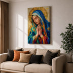 Mosaic style portrait of the Blessed Virgin Mary shown with eyes gently lowered and hands folded in prayer, wearing a blue veil and layered robes while a radiant golden halo composed of geometric tile shapes forms behind her head, rendered in a stained glass inspired composition with textured brushwork and devotional Madonna iconography.