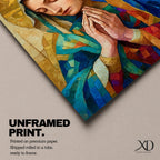 Mosaic style portrait of the Blessed Virgin Mary shown with eyes gently lowered and hands folded in prayer, wearing a blue veil and layered robes while a radiant golden halo composed of geometric tile shapes forms behind her head, rendered in a stained glass inspired composition with textured brushwork and devotional Madonna iconography.