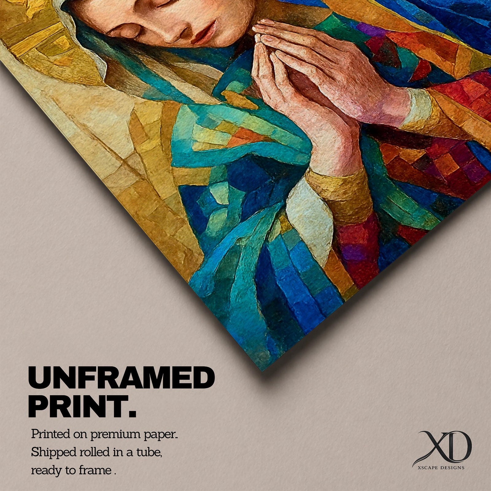 Mosaic style portrait of the Blessed Virgin Mary shown with eyes gently lowered and hands folded in prayer, wearing a blue veil and layered robes while a radiant golden halo composed of geometric tile shapes forms behind her head, rendered in a stained glass inspired composition with textured brushwork and devotional Madonna iconography.