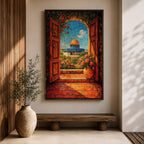 An oil-style painting depicting the Dome of the Rock viewed through an open wooden doorway surrounded by blooming flowers and greenery. The scene captures the iconic golden dome and blue base of the shrine with vibrant floral elements in the foreground, rendered in a richly textured, impressionistic style.