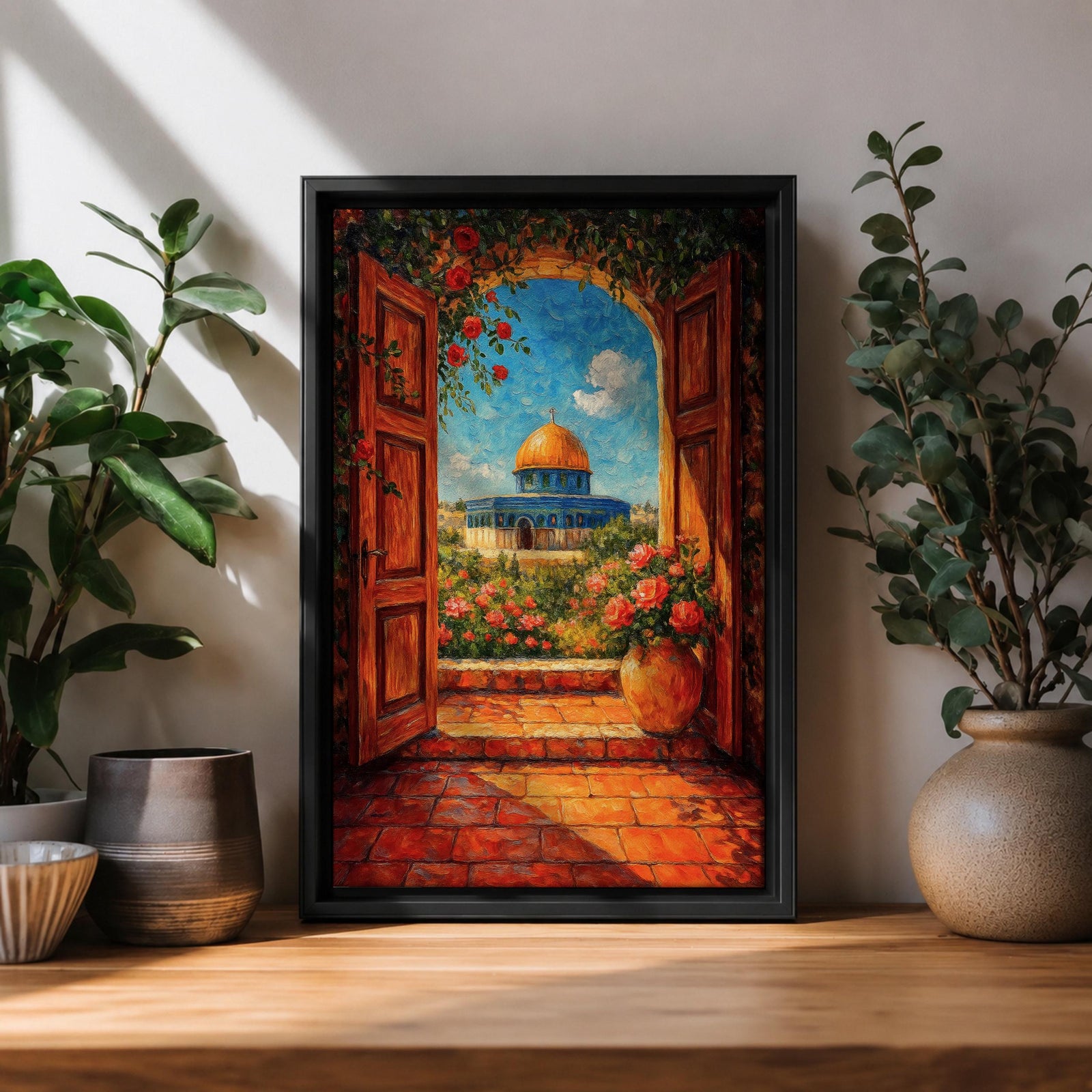 An oil-style painting depicting the Dome of the Rock viewed through an open wooden doorway surrounded by blooming flowers and greenery. The scene captures the iconic golden dome and blue base of the shrine with vibrant floral elements in the foreground, rendered in a richly textured, impressionistic style.
