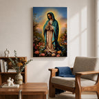 A detailed framed canvas print depicting Our Lady of Guadalupe, also known as the Virgin of Guadalupe, standing with hands clasped in prayer, surrounded by radiant light and floral elements, rendered in a realistic and vibrant style emphasizing religious Catholic iconography.