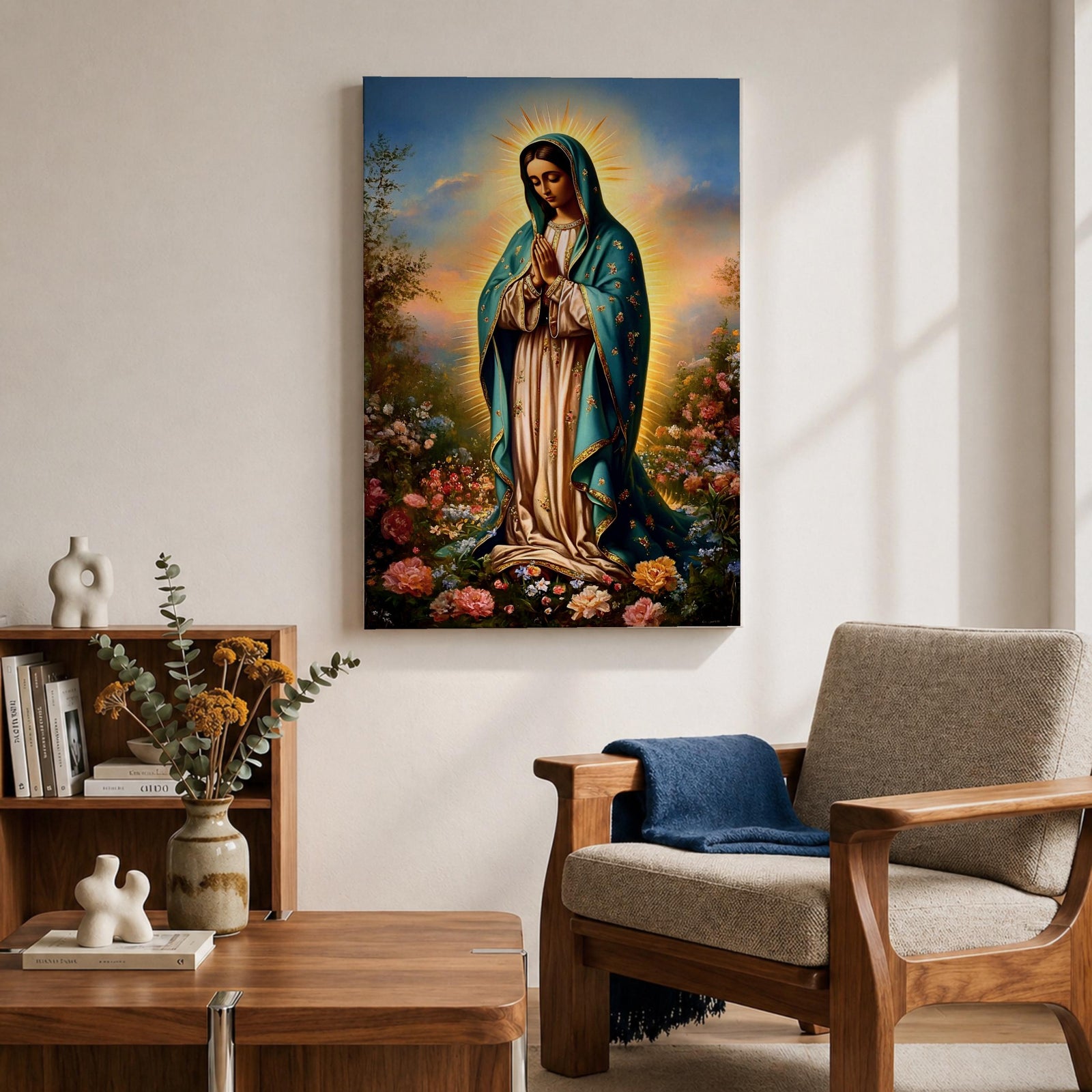 A detailed framed canvas print depicting Our Lady of Guadalupe, also known as the Virgin of Guadalupe, standing with hands clasped in prayer, surrounded by radiant light and floral elements, rendered in a realistic and vibrant style emphasizing religious Catholic iconography.