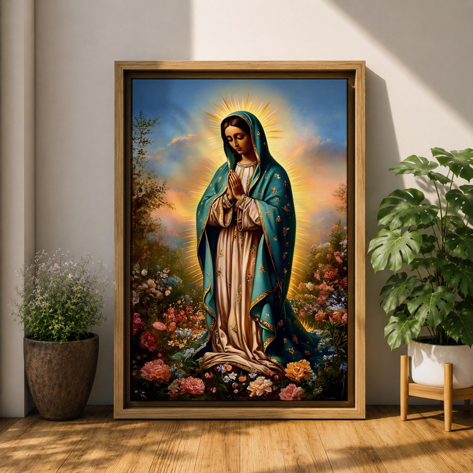 A detailed framed canvas print depicting Our Lady of Guadalupe, also known as the Virgin of Guadalupe, standing with hands clasped in prayer, surrounded by radiant light and floral elements, rendered in a realistic and vibrant style emphasizing religious Catholic iconography.