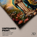 A detailed framed canvas print depicting Our Lady of Guadalupe, also known as the Virgin of Guadalupe, standing with hands clasped in prayer, surrounded by radiant light and floral elements, rendered in a realistic and vibrant style emphasizing religious Catholic iconography.