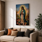 A detailed framed canvas print depicting Our Lady of Guadalupe, also known as the Virgin of Guadalupe, standing with hands clasped in prayer, surrounded by radiant light and floral elements, rendered in a realistic and vibrant style emphasizing religious Catholic iconography.