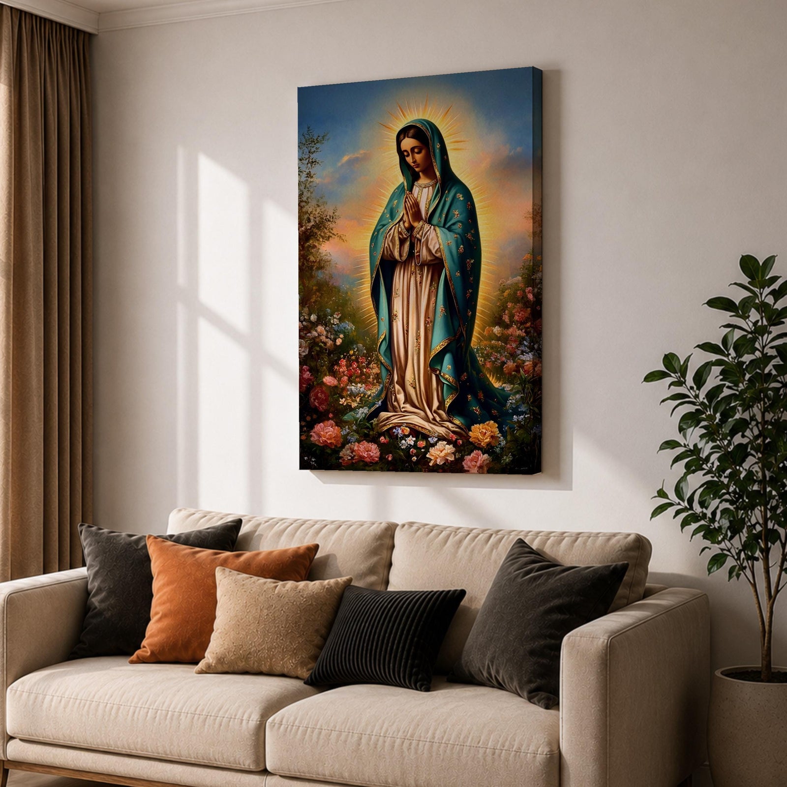 A detailed framed canvas print depicting Our Lady of Guadalupe, also known as the Virgin of Guadalupe, standing with hands clasped in prayer, surrounded by radiant light and floral elements, rendered in a realistic and vibrant style emphasizing religious Catholic iconography.