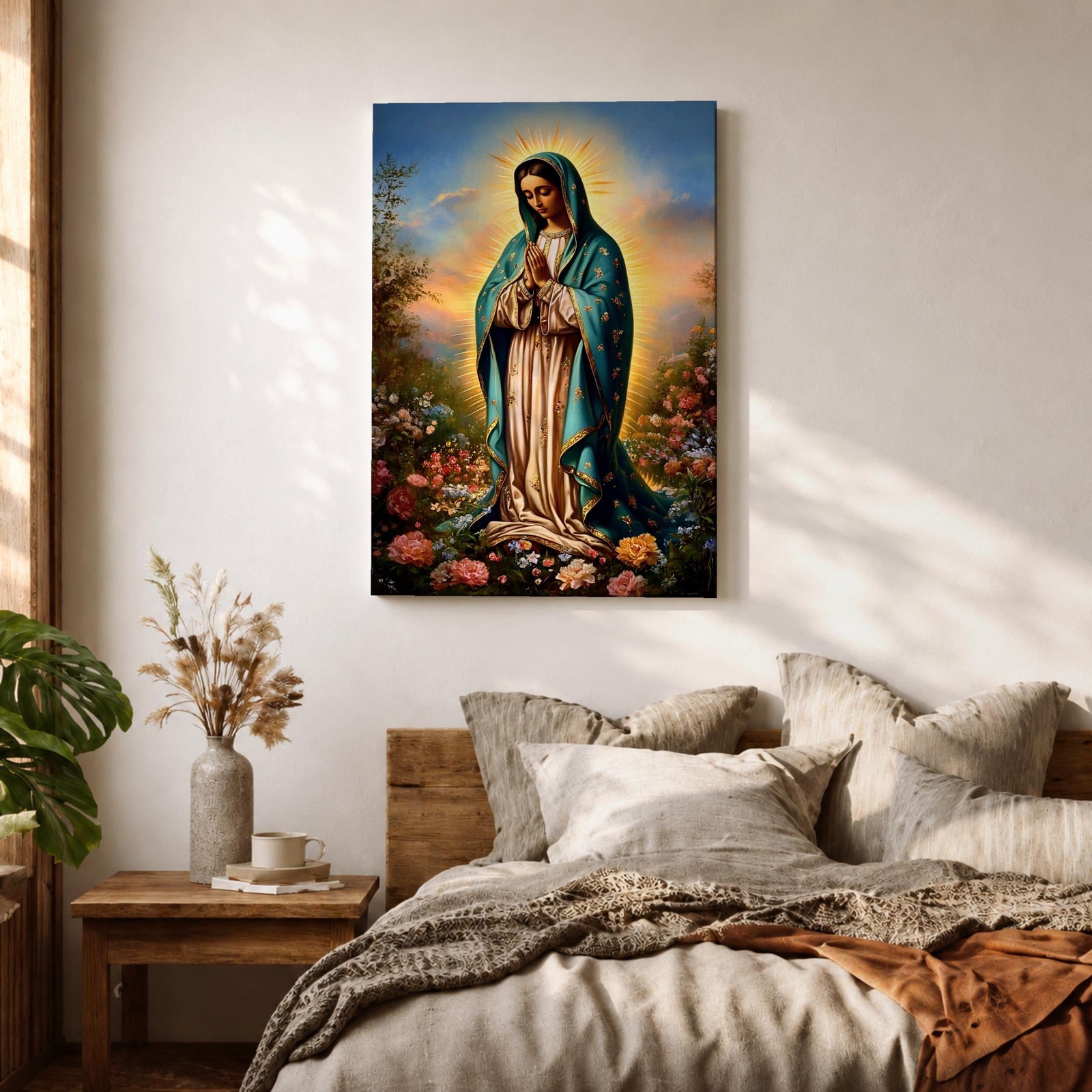 A detailed framed canvas print depicting Our Lady of Guadalupe, also known as the Virgin of Guadalupe, standing with hands clasped in prayer, surrounded by radiant light and floral elements, rendered in a realistic and vibrant style emphasizing religious Catholic iconography.