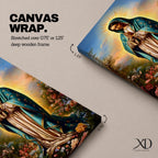 A detailed framed canvas print depicting Our Lady of Guadalupe, also known as the Virgin of Guadalupe, standing with hands clasped in prayer, surrounded by radiant light and floral elements, rendered in a realistic and vibrant style emphasizing religious Catholic iconography.