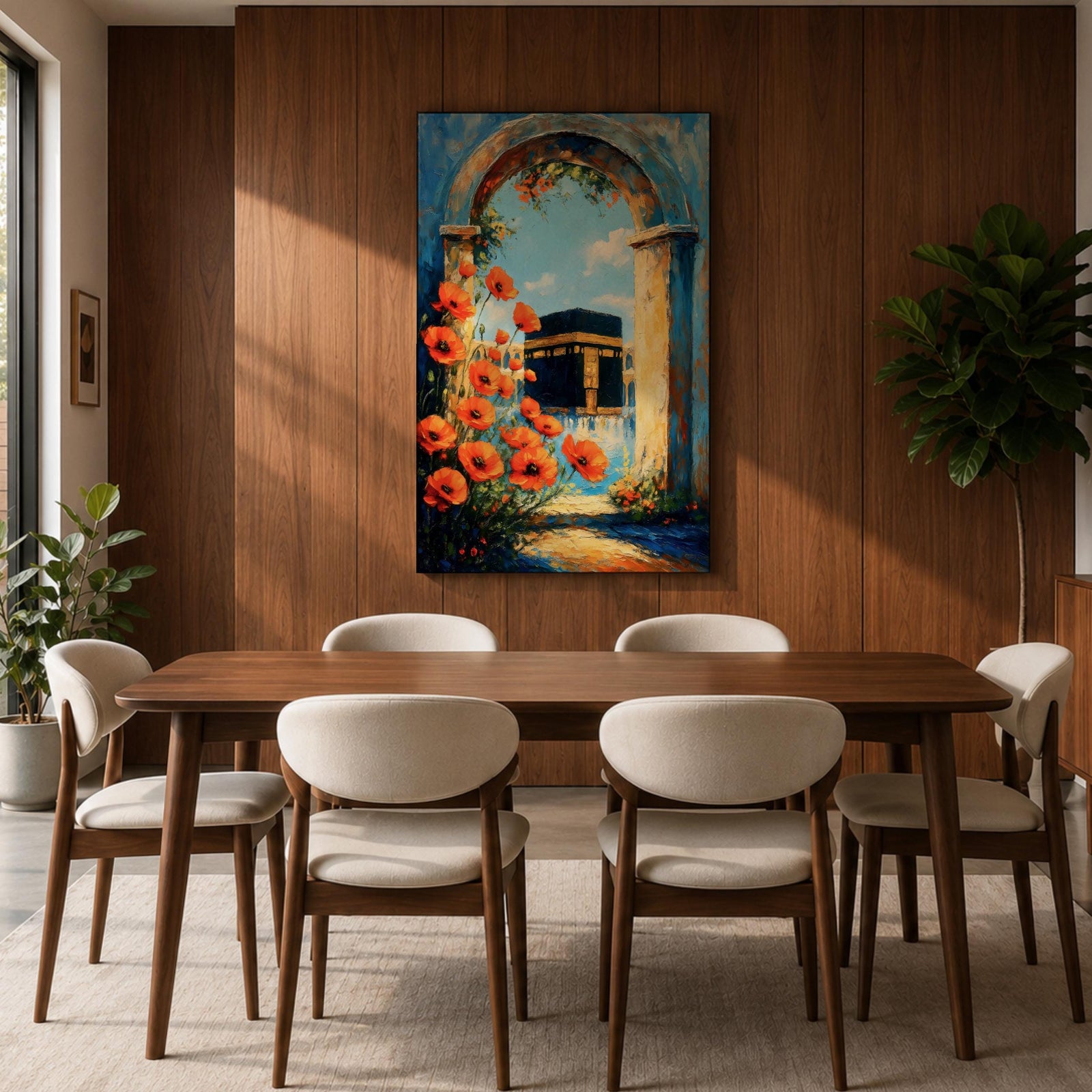 A vibrant painting depicting the Kaaba framed by an ancient stone arch adorned with bright orange flowers. The artwork captures the iconic Islamic holy site with a clear blue sky background, rendered in a realistic style emphasizing architectural and floral details.