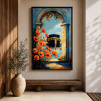 A vibrant painting depicting the Kaaba framed by an ancient stone arch adorned with bright orange flowers. The artwork captures the iconic Islamic holy site with a clear blue sky background, rendered in a realistic style emphasizing architectural and floral details.