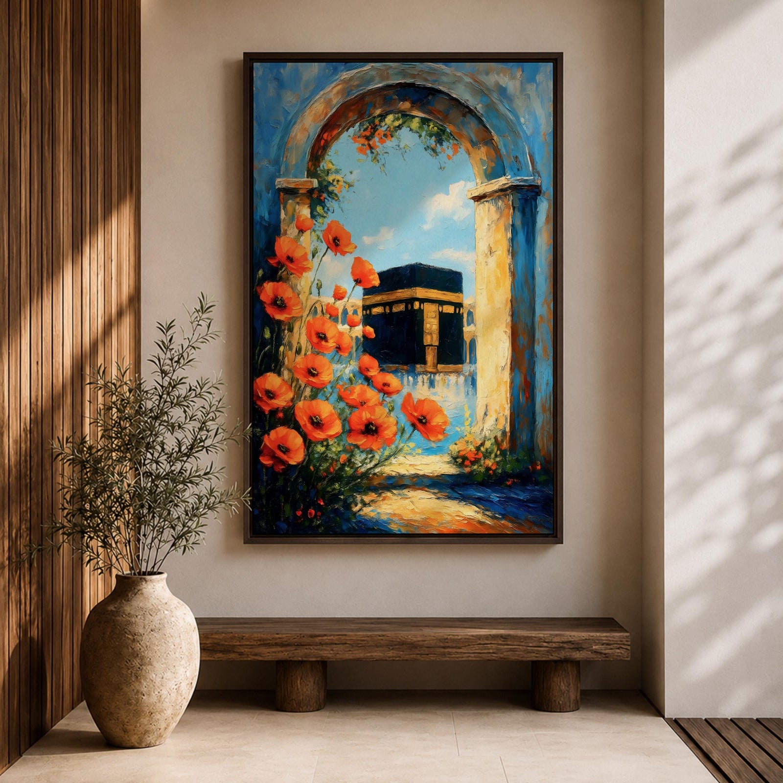 A vibrant painting depicting the Kaaba framed by an ancient stone arch adorned with bright orange flowers. The artwork captures the iconic Islamic holy site with a clear blue sky background, rendered in a realistic style emphasizing architectural and floral details.