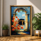 A vibrant painting depicting the Kaaba framed by an ancient stone arch adorned with bright orange flowers. The artwork captures the iconic Islamic holy site with a clear blue sky background, rendered in a realistic style emphasizing architectural and floral details.