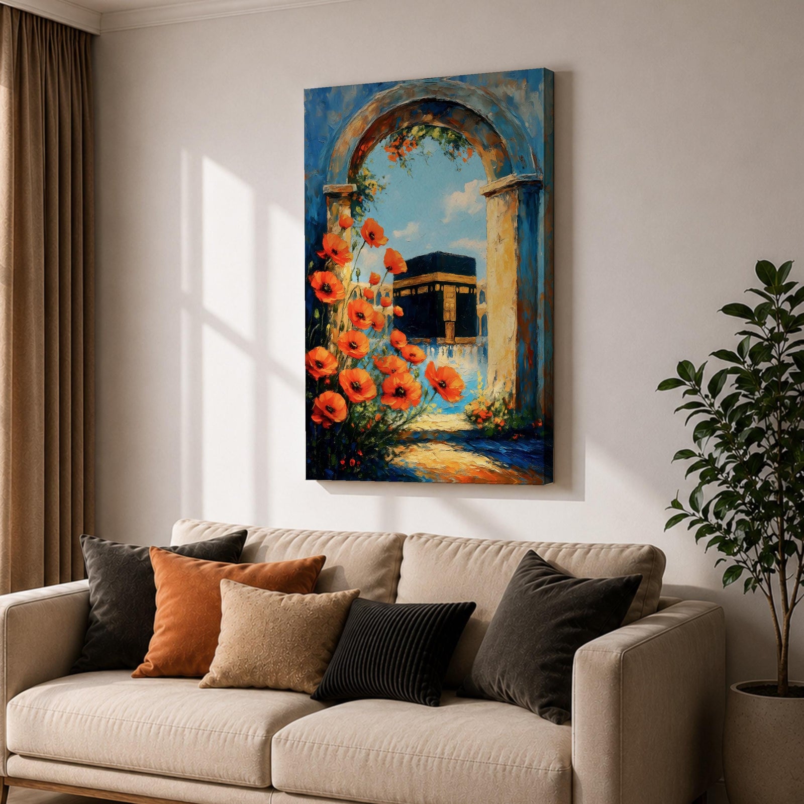 A vibrant painting depicting the Kaaba framed by an ancient stone arch adorned with bright orange flowers. The artwork captures the iconic Islamic holy site with a clear blue sky background, rendered in a realistic style emphasizing architectural and floral details.