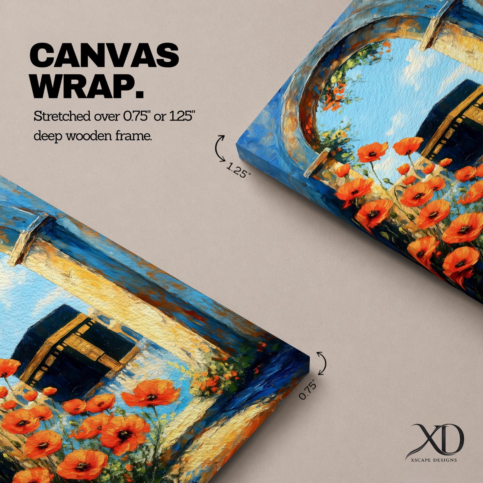 A vibrant painting depicting the Kaaba framed by an ancient stone arch adorned with bright orange flowers. The artwork captures the iconic Islamic holy site with a clear blue sky background, rendered in a realistic style emphasizing architectural and floral details.