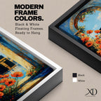 A vibrant painting depicting the Kaaba framed by an ancient stone arch adorned with bright orange flowers. The artwork captures the iconic Islamic holy site with a clear blue sky background, rendered in a realistic style emphasizing architectural and floral details.