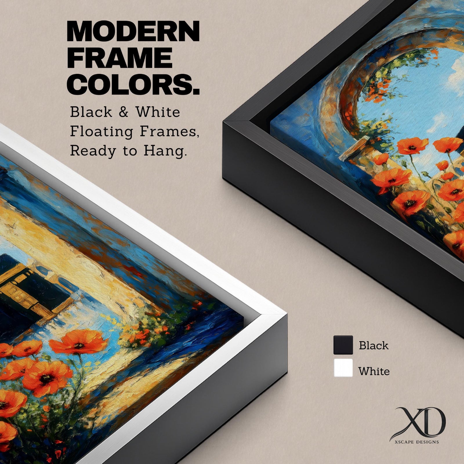 A vibrant painting depicting the Kaaba framed by an ancient stone arch adorned with bright orange flowers. The artwork captures the iconic Islamic holy site with a clear blue sky background, rendered in a realistic style emphasizing architectural and floral details.