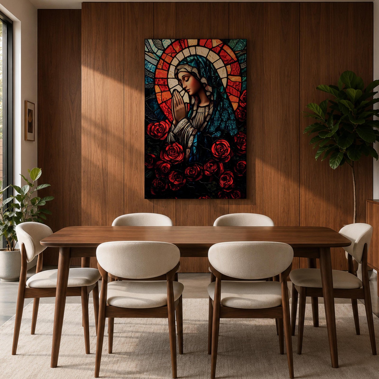 A stained glass style depiction of Virgin Mary with hands clasped in prayer, surrounded by red roses and a radiant halo behind her head. The image uses vibrant colors and intricate glass-like textures to create a mosaic effect emphasizing religious devotion and reverence.