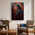A stained glass style depiction of Virgin Mary with hands clasped in prayer, surrounded by red roses and a radiant halo behind her head. The image uses vibrant colors and intricate glass-like textures to create a mosaic effect emphasizing religious devotion and reverence.