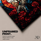 A stained glass style depiction of Virgin Mary with hands clasped in prayer, surrounded by red roses and a radiant halo behind her head. The image uses vibrant colors and intricate glass-like textures to create a mosaic effect emphasizing religious devotion and reverence.