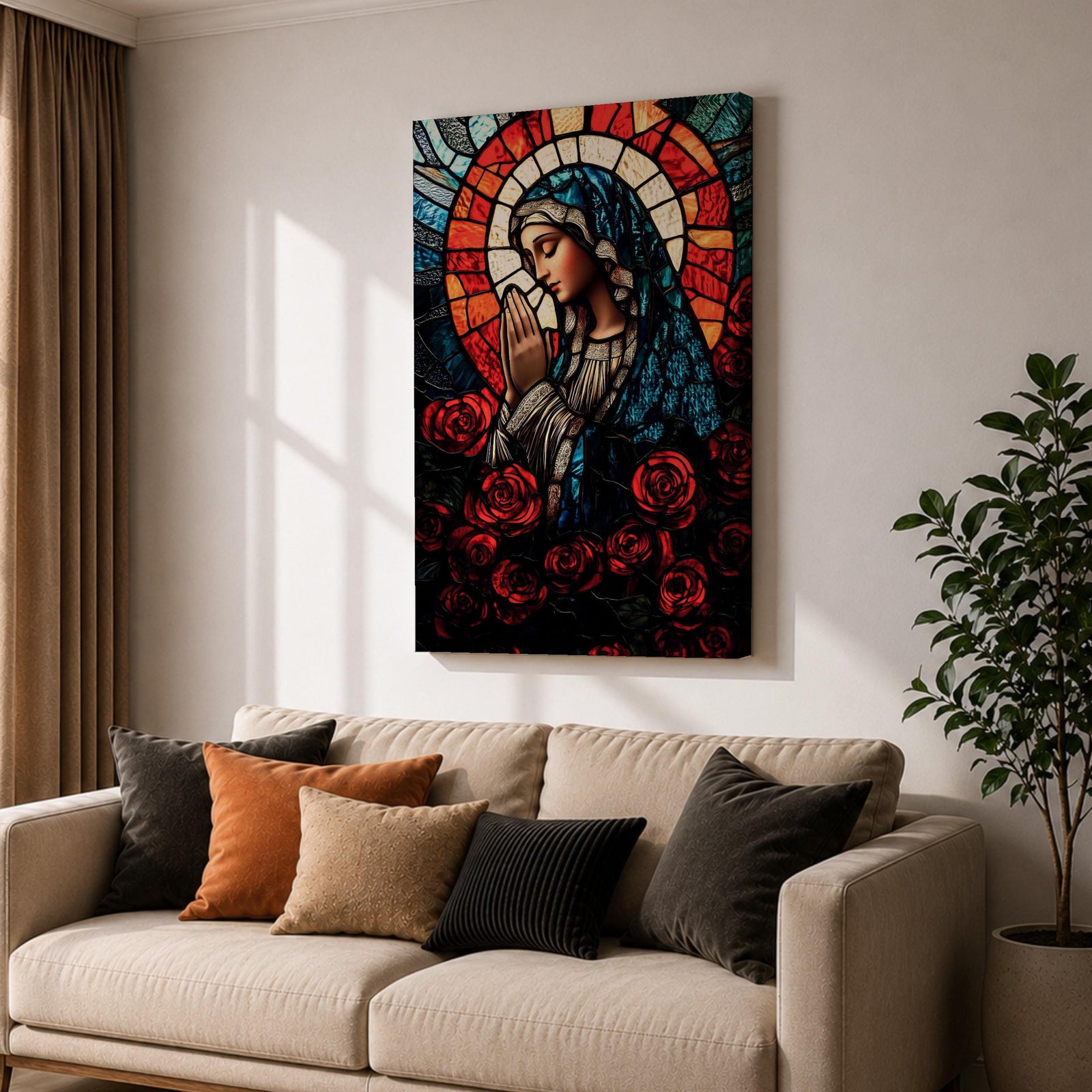 A stained glass style depiction of Virgin Mary with hands clasped in prayer, surrounded by red roses and a radiant halo behind her head. The image uses vibrant colors and intricate glass-like textures to create a mosaic effect emphasizing religious devotion and reverence.