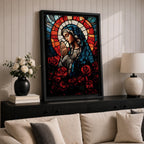 A stained glass style depiction of Virgin Mary with hands clasped in prayer, surrounded by red roses and a radiant halo behind her head. The image uses vibrant colors and intricate glass-like textures to create a mosaic effect emphasizing religious devotion and reverence.