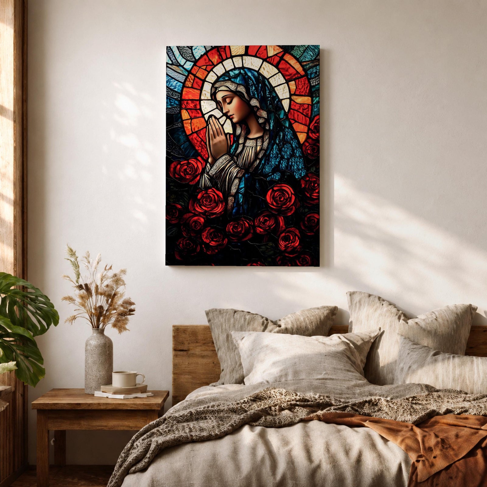 A stained glass style depiction of Virgin Mary with hands clasped in prayer, surrounded by red roses and a radiant halo behind her head. The image uses vibrant colors and intricate glass-like textures to create a mosaic effect emphasizing religious devotion and reverence.