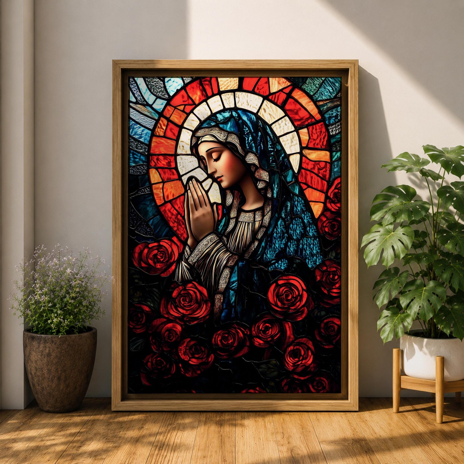 A stained glass style depiction of Virgin Mary with hands clasped in prayer, surrounded by red roses and a radiant halo behind her head. The image uses vibrant colors and intricate glass-like textures to create a mosaic effect emphasizing religious devotion and reverence.