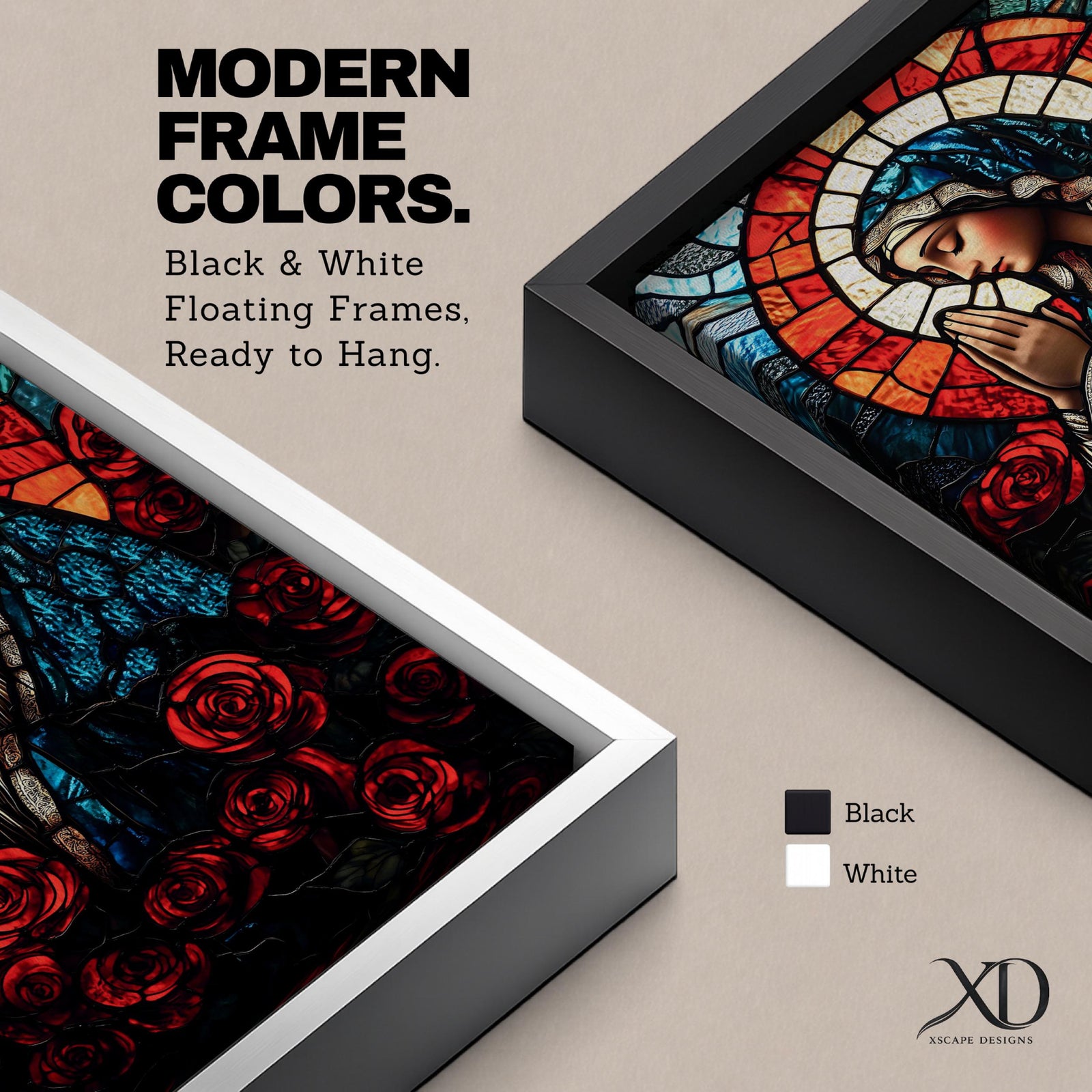 A stained glass style depiction of Virgin Mary with hands clasped in prayer, surrounded by red roses and a radiant halo behind her head. The image uses vibrant colors and intricate glass-like textures to create a mosaic effect emphasizing religious devotion and reverence.