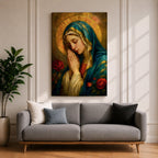 Portrait painting of the Blessed Virgin Mary shown with eyes gently closed and hands clasped in prayer, wearing a blue veil and cream garment while a radiant golden halo glows behind her head, with red roses appearing beside her in a devotional Madonna composition rendered in a soft classical style with warm painterly brushwork.