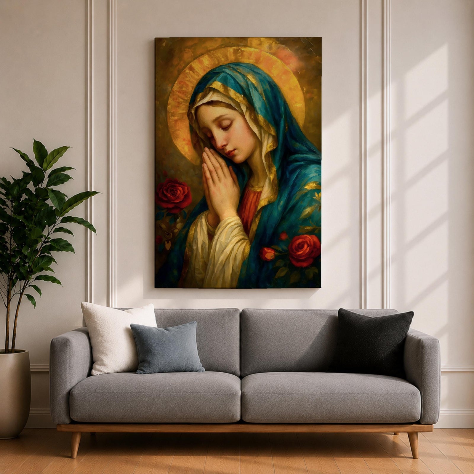 Portrait painting of the Blessed Virgin Mary shown with eyes gently closed and hands clasped in prayer, wearing a blue veil and cream garment while a radiant golden halo glows behind her head, with red roses appearing beside her in a devotional Madonna composition rendered in a soft classical style with warm painterly brushwork.