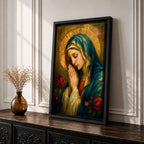 Portrait painting of the Blessed Virgin Mary shown with eyes gently closed and hands clasped in prayer, wearing a blue veil and cream garment while a radiant golden halo glows behind her head, with red roses appearing beside her in a devotional Madonna composition rendered in a soft classical style with warm painterly brushwork.