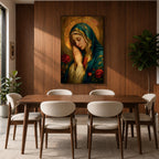 Portrait painting of the Blessed Virgin Mary shown with eyes gently closed and hands clasped in prayer, wearing a blue veil and cream garment while a radiant golden halo glows behind her head, with red roses appearing beside her in a devotional Madonna composition rendered in a soft classical style with warm painterly brushwork.