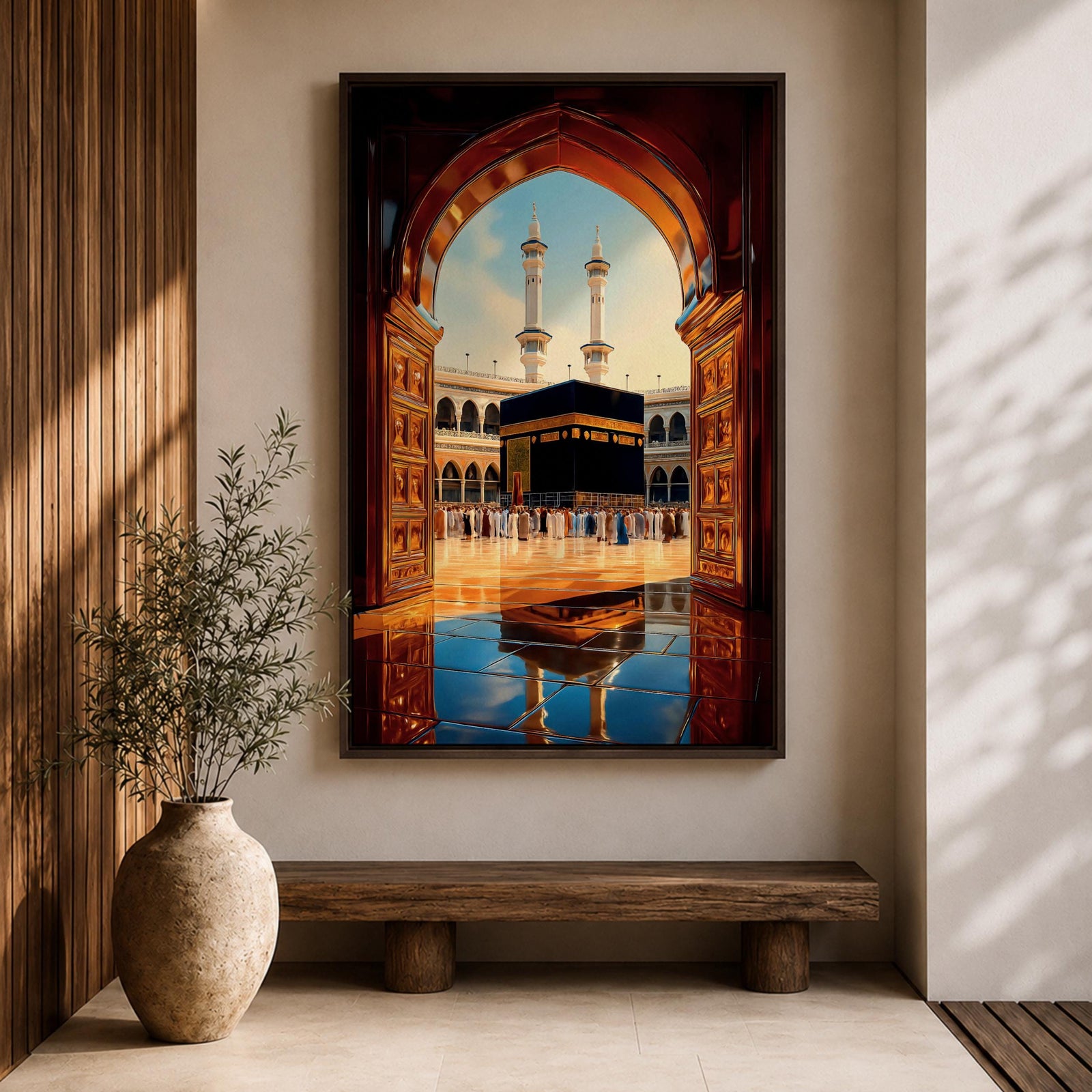Illustration of the Kaaba at Masjid Al Haram in Mecca viewed through a grand doorway arch, featuring the sacred black cube at the center of the mosque courtyard surrounded by colonnades and distant minarets, rendered with balanced architectural detail and soft light that emphasizes the revered Islamic landmark.