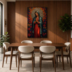 Mosaic style portrait of Our Lady of Guadalupe standing with hands folded in prayer, wearing a blue mantle over a red gown while a radiant circular halo of colorful geometric tiles spreads outward behind her head, surrounded by stylized flowers that frame the Virgen in a devotional composition inspired by stained glass mosaic artwork.
