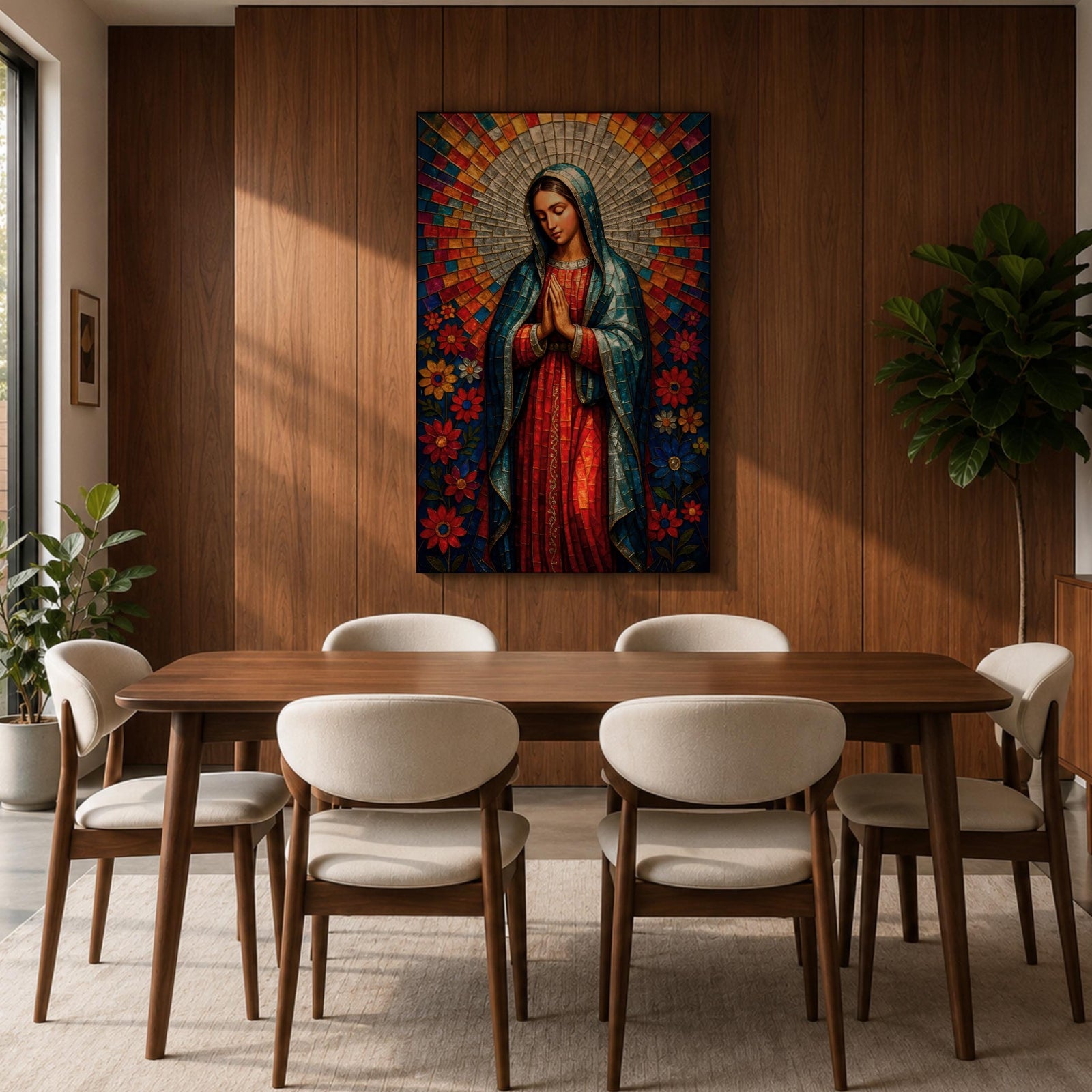 Mosaic style portrait of Our Lady of Guadalupe standing with hands folded in prayer, wearing a blue mantle over a red gown while a radiant circular halo of colorful geometric tiles spreads outward behind her head, surrounded by stylized flowers that frame the Virgen in a devotional composition inspired by stained glass mosaic artwork.
