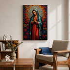 Mosaic style portrait of Our Lady of Guadalupe standing with hands folded in prayer, wearing a blue mantle over a red gown while a radiant circular halo of colorful geometric tiles spreads outward behind her head, surrounded by stylized flowers that frame the Virgen in a devotional composition inspired by stained glass mosaic artwork.
