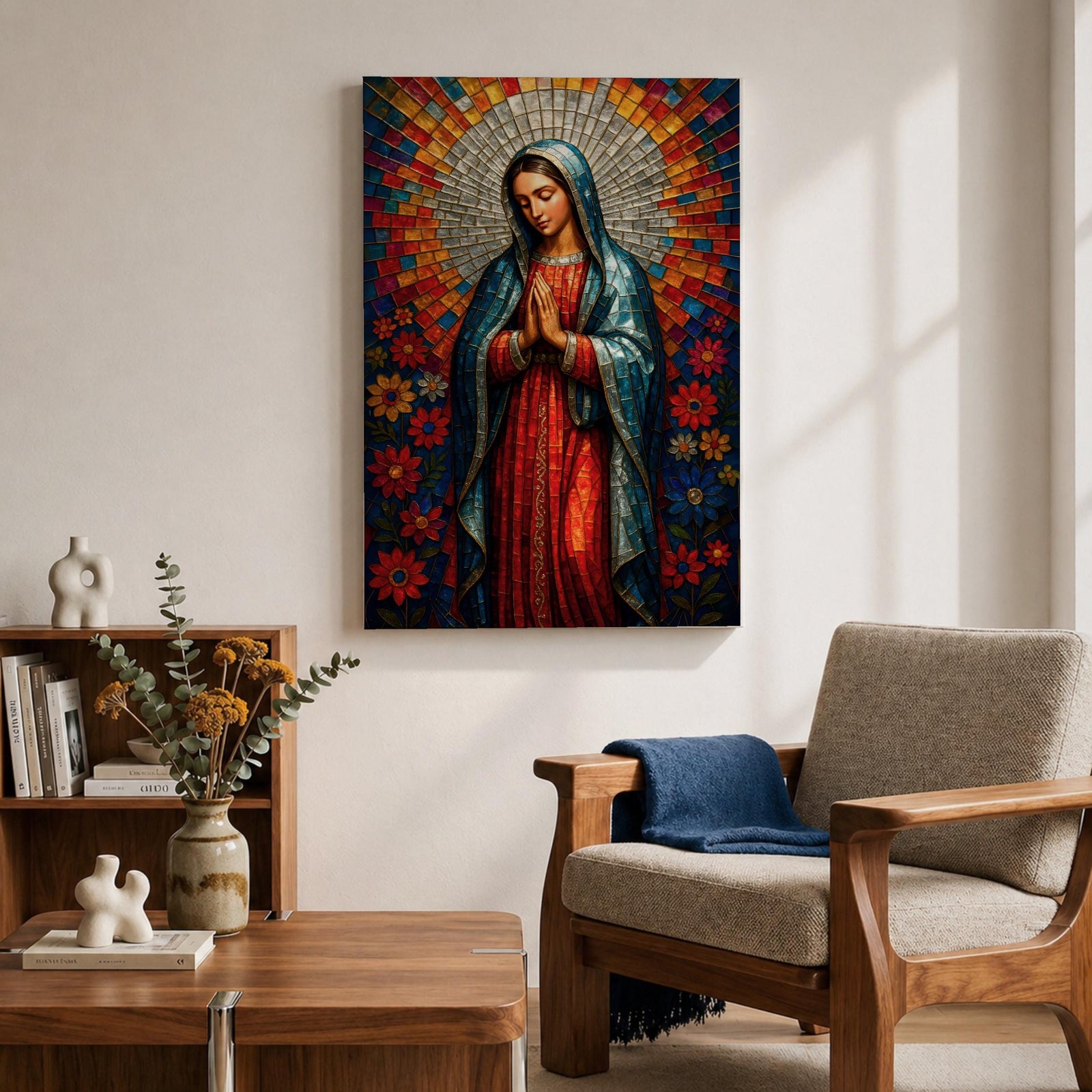 Mosaic style portrait of Our Lady of Guadalupe standing with hands folded in prayer, wearing a blue mantle over a red gown while a radiant circular halo of colorful geometric tiles spreads outward behind her head, surrounded by stylized flowers that frame the Virgen in a devotional composition inspired by stained glass mosaic artwork.