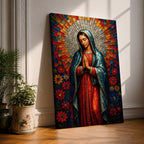 Mosaic style portrait of Our Lady of Guadalupe standing with hands folded in prayer, wearing a blue mantle over a red gown while a radiant circular halo of colorful geometric tiles spreads outward behind her head, surrounded by stylized flowers that frame the Virgen in a devotional composition inspired by stained glass mosaic artwork.