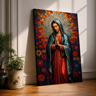 Mosaic style portrait of Our Lady of Guadalupe standing with hands folded in prayer, wearing a blue mantle over a red gown while a radiant circular halo of colorful geometric tiles spreads outward behind her head, surrounded by stylized flowers that frame the Virgen in a devotional composition inspired by stained glass mosaic artwork.