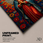 Mosaic style portrait of Our Lady of Guadalupe standing with hands folded in prayer, wearing a blue mantle over a red gown while a radiant circular halo of colorful geometric tiles spreads outward behind her head, surrounded by stylized flowers that frame the Virgen in a devotional composition inspired by stained glass mosaic artwork.