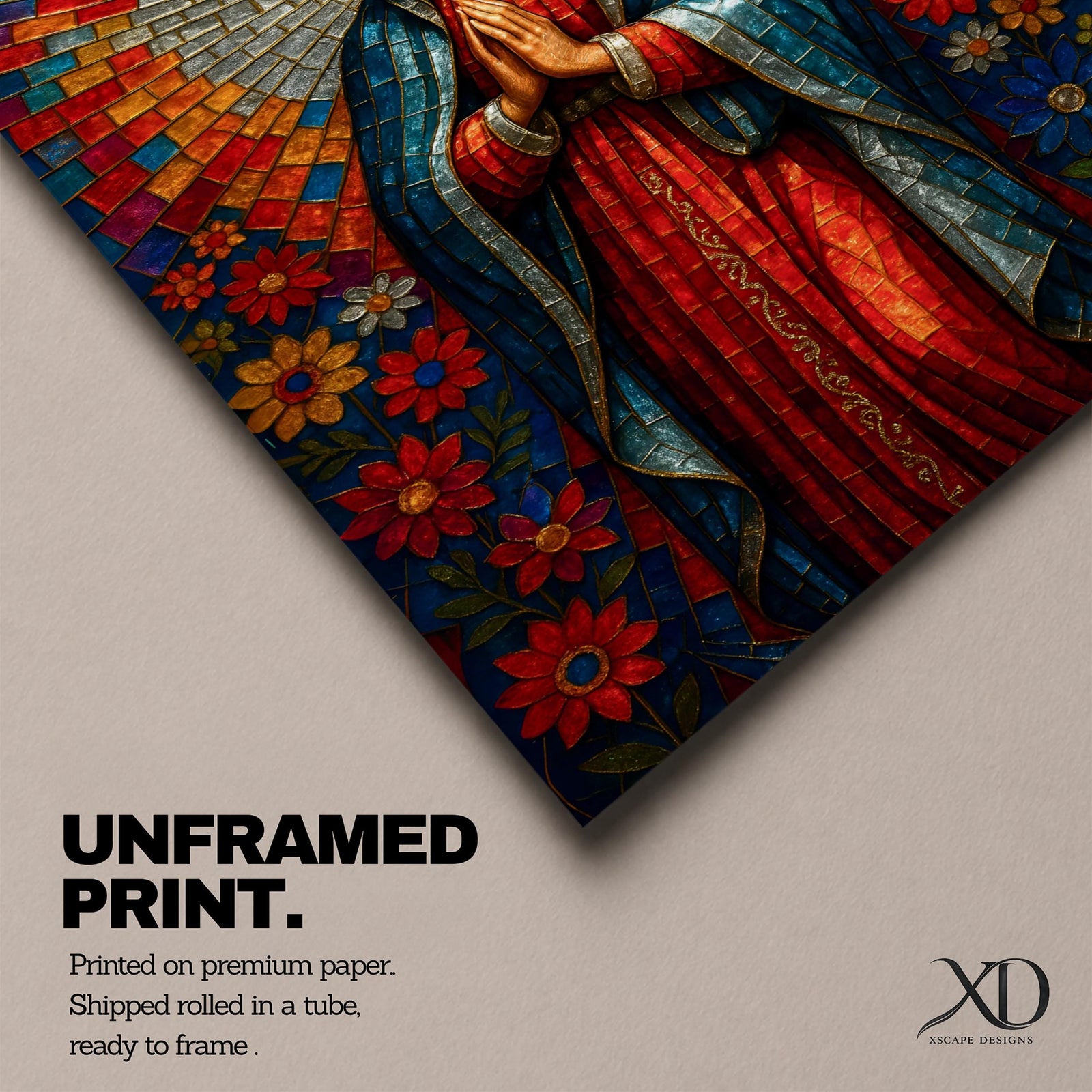 Mosaic style portrait of Our Lady of Guadalupe standing with hands folded in prayer, wearing a blue mantle over a red gown while a radiant circular halo of colorful geometric tiles spreads outward behind her head, surrounded by stylized flowers that frame the Virgen in a devotional composition inspired by stained glass mosaic artwork.