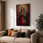 Mosaic style portrait of Our Lady of Guadalupe standing with hands folded in prayer, wearing a blue mantle over a red gown while a radiant circular halo of colorful geometric tiles spreads outward behind her head, surrounded by stylized flowers that frame the Virgen in a devotional composition inspired by stained glass mosaic artwork.