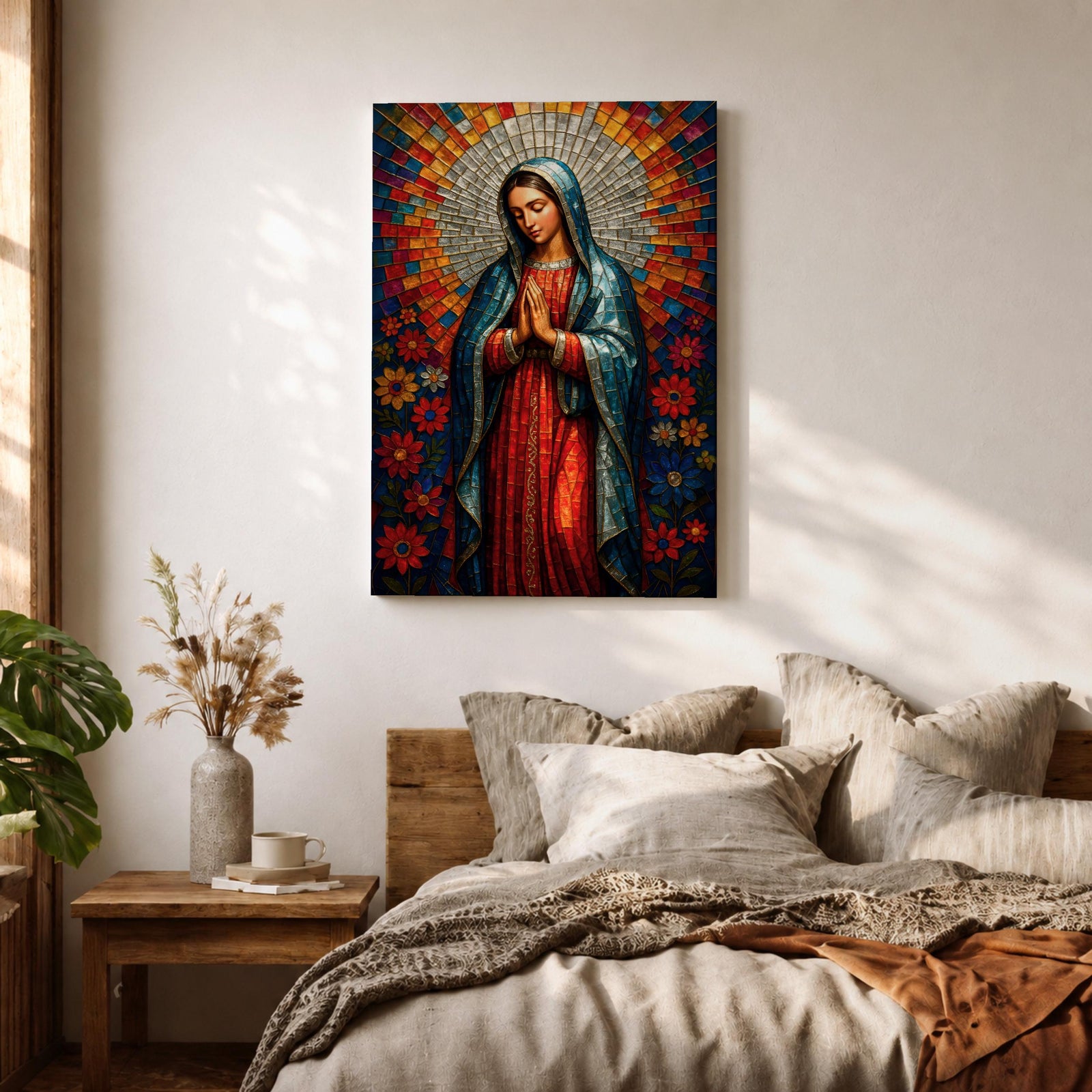 Mosaic style portrait of Our Lady of Guadalupe standing with hands folded in prayer, wearing a blue mantle over a red gown while a radiant circular halo of colorful geometric tiles spreads outward behind her head, surrounded by stylized flowers that frame the Virgen in a devotional composition inspired by stained glass mosaic artwork.