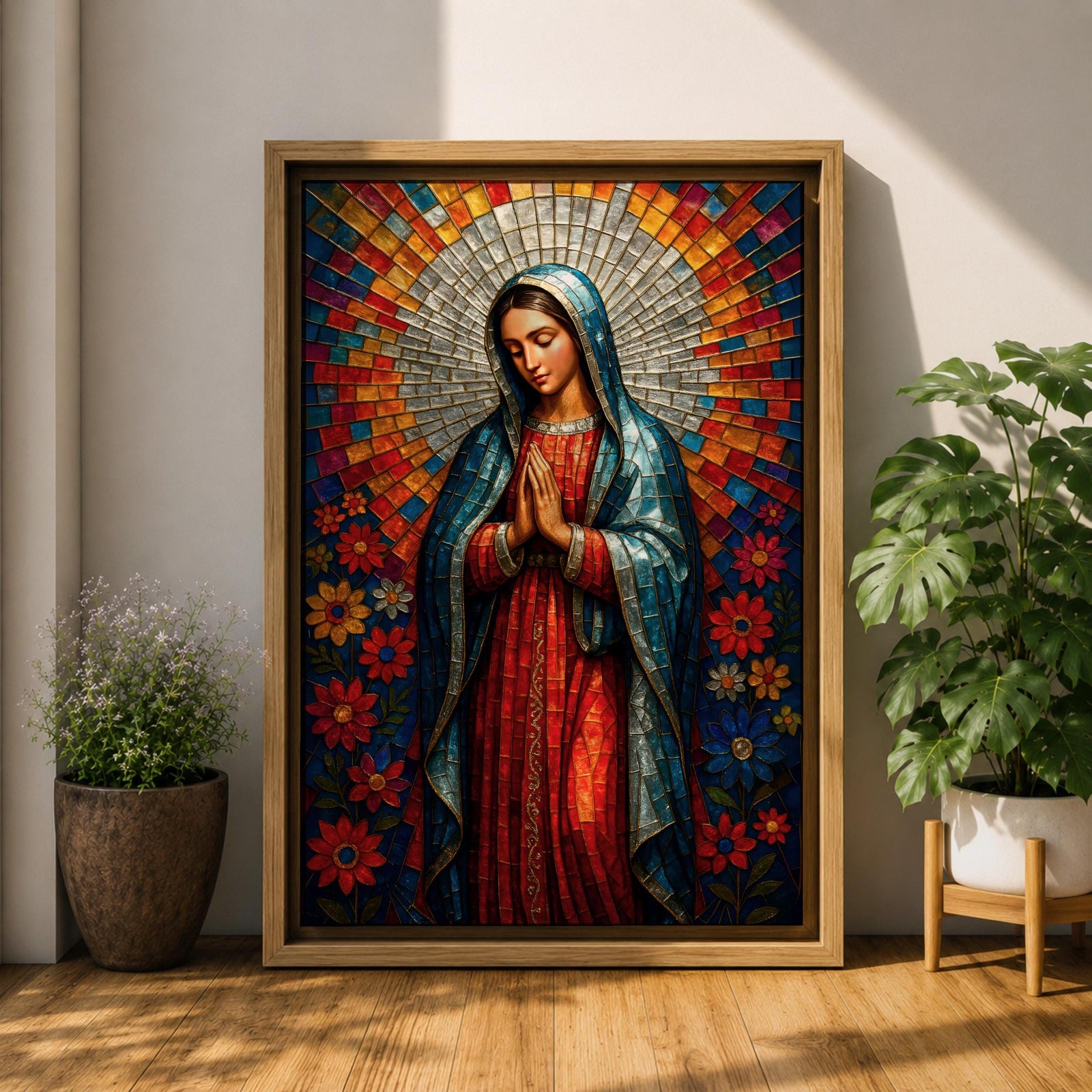 Mosaic style portrait of Our Lady of Guadalupe standing with hands folded in prayer, wearing a blue mantle over a red gown while a radiant circular halo of colorful geometric tiles spreads outward behind her head, surrounded by stylized flowers that frame the Virgen in a devotional composition inspired by stained glass mosaic artwork.