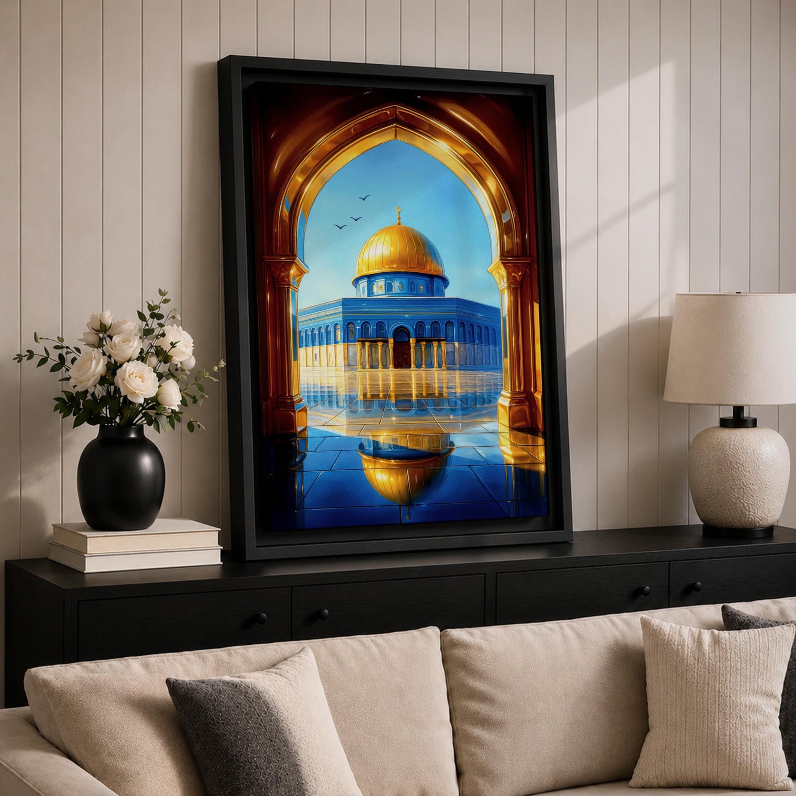 Illustration of Masjid Al Aqsa in Jerusalem viewed through a grand archway, featuring the mosque courtyard with the iconic golden dome rising in the distance, surrounded by historic stone architecture and arches, rendered with balanced architectural detail and warm light in a refined Islamic architectural composition.