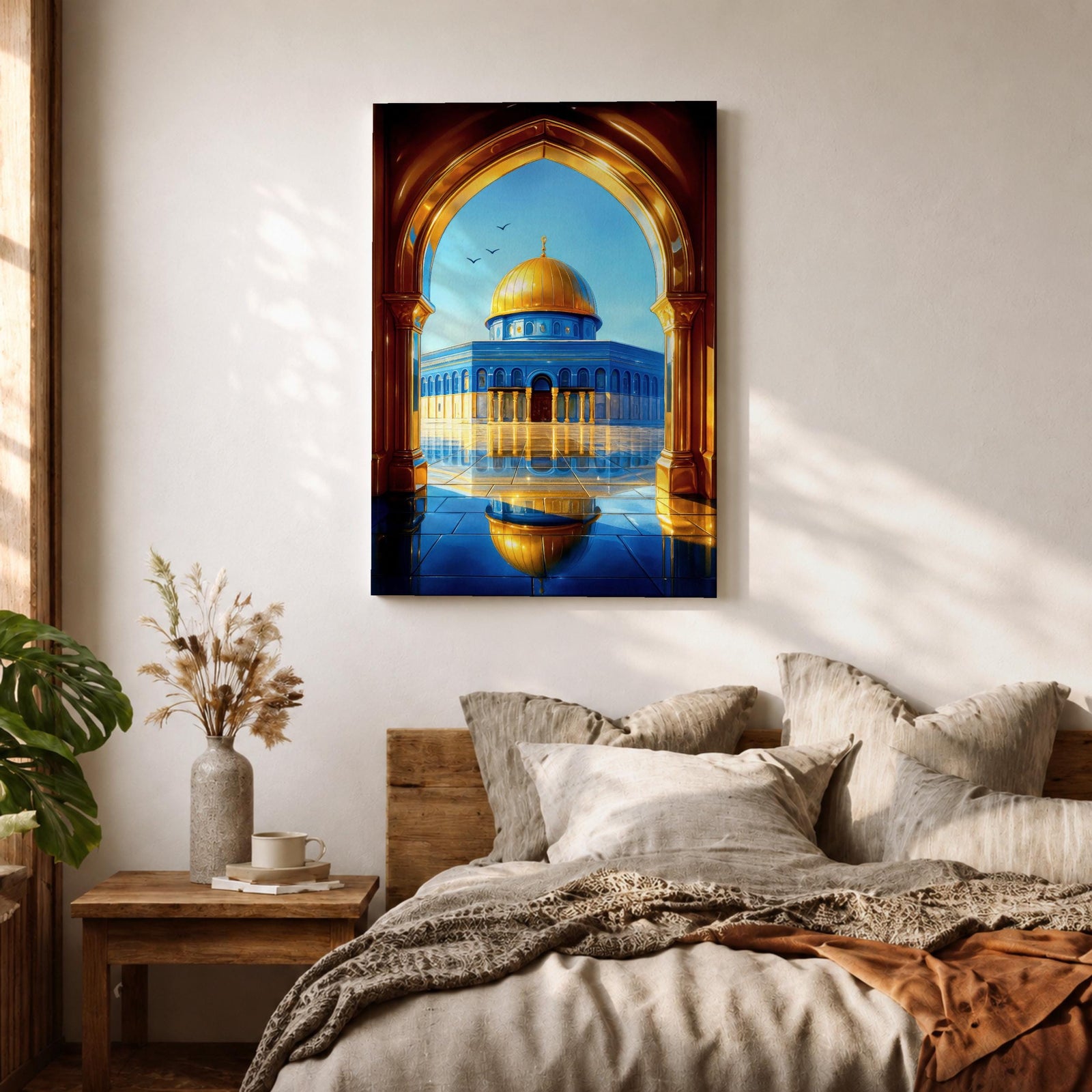 Illustration of Masjid Al Aqsa in Jerusalem viewed through a grand archway, featuring the mosque courtyard with the iconic golden dome rising in the distance, surrounded by historic stone architecture and arches, rendered with balanced architectural detail and warm light in a refined Islamic architectural composition.