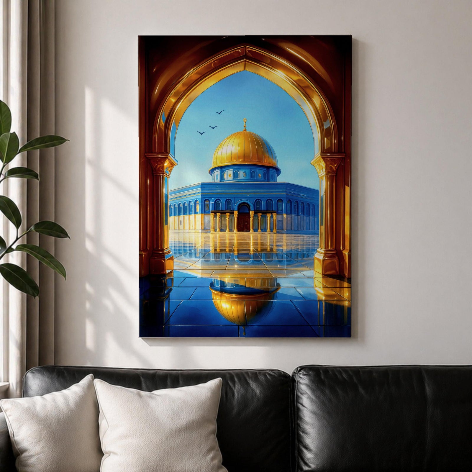 Illustration of Masjid Al Aqsa in Jerusalem viewed through a grand archway, featuring the mosque courtyard with the iconic golden dome rising in the distance, surrounded by historic stone architecture and arches, rendered with balanced architectural detail and warm light in a refined Islamic architectural composition.